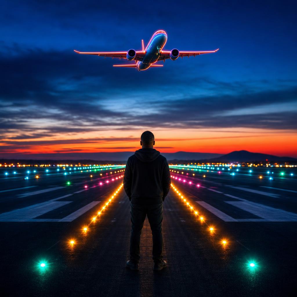 A person looks toward the NextGen Financial aircraft ascending into a twilight sky